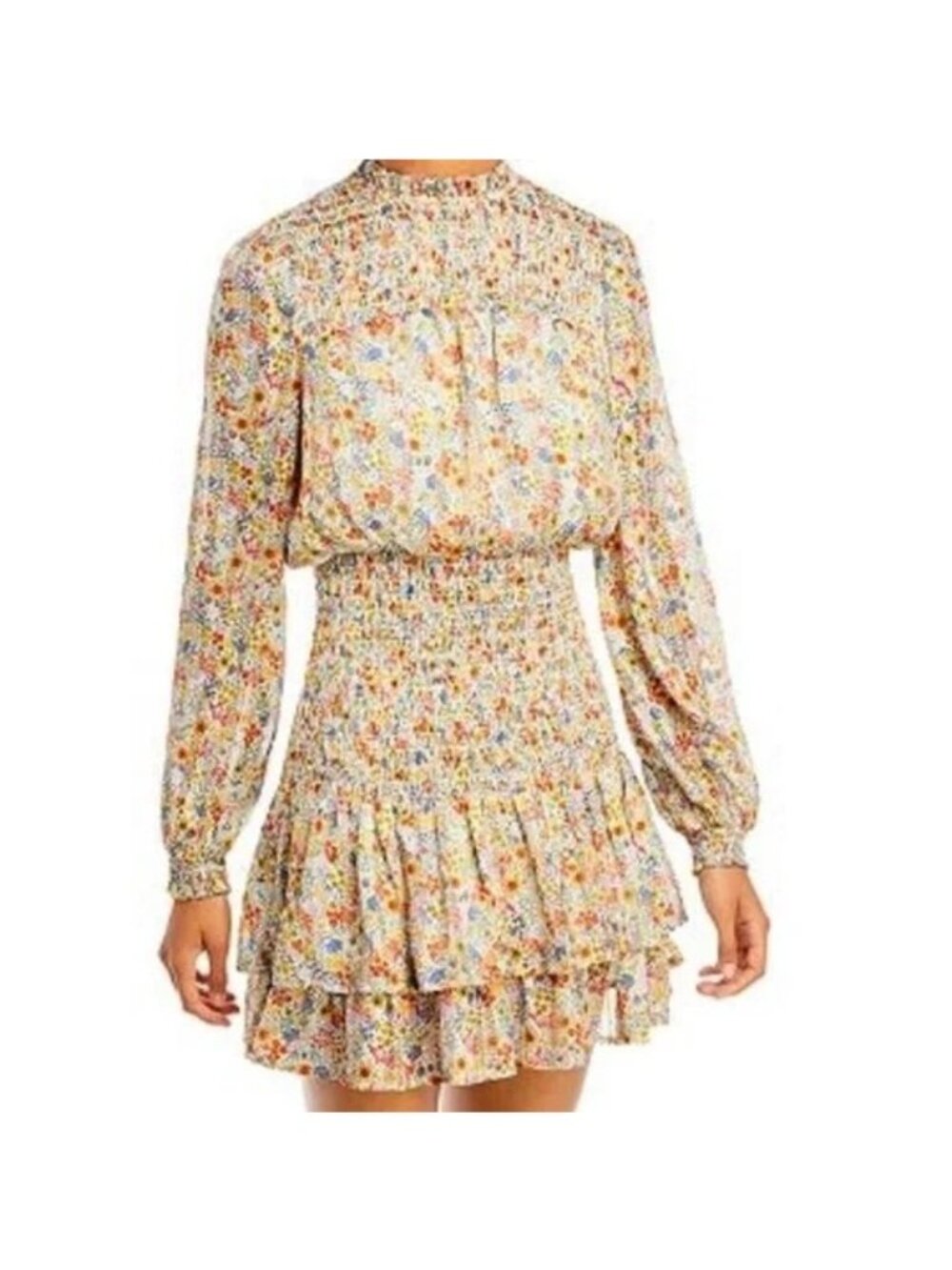 SMALL Aqua Brand Shirred Smocked Floral Long Sleeve Mini Dress